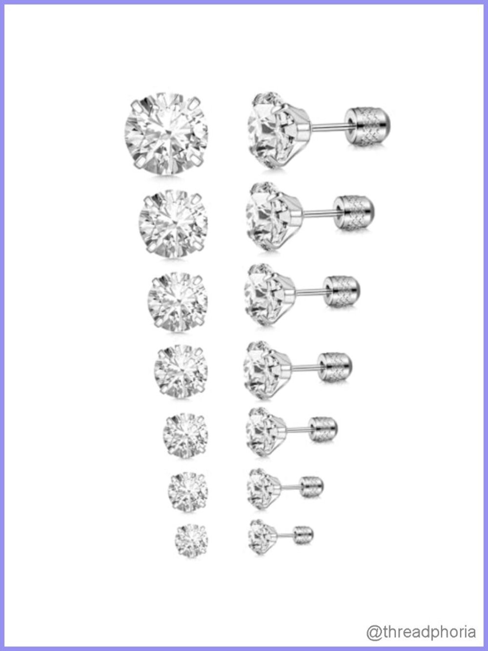 7 Pairs Stainless Steel CZ Stud Earrings Flatback Set 20G Push Back